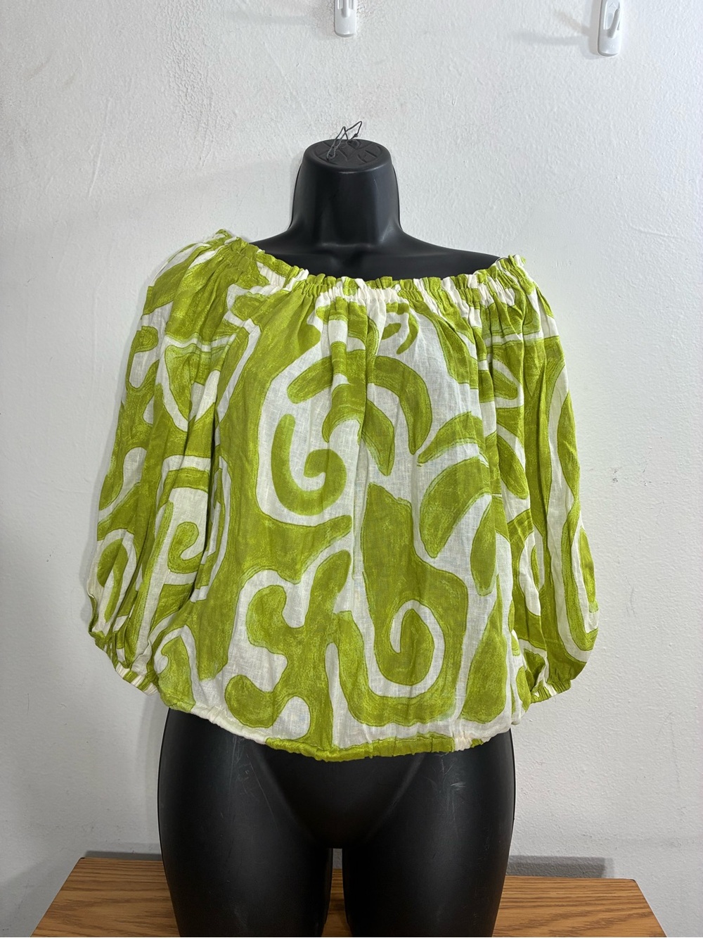 Christian Siriano Linen Blend Green & White Off-Shoulder Peasant Blouse